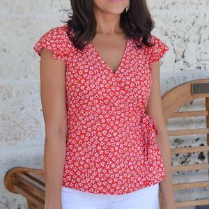 Old Navy Women’s Shortsleeve Wrap Top Side Tie Cottagecore in Red Floral XL